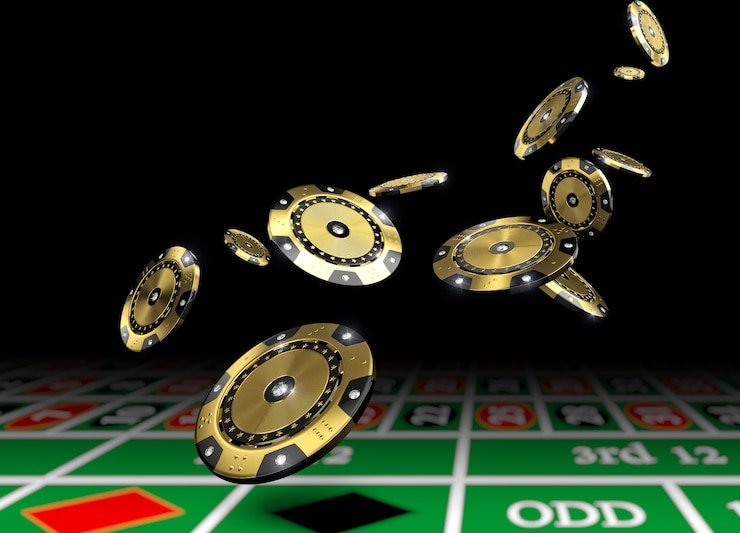 Meja roulette dengan dealer dan pemain di latar belakang